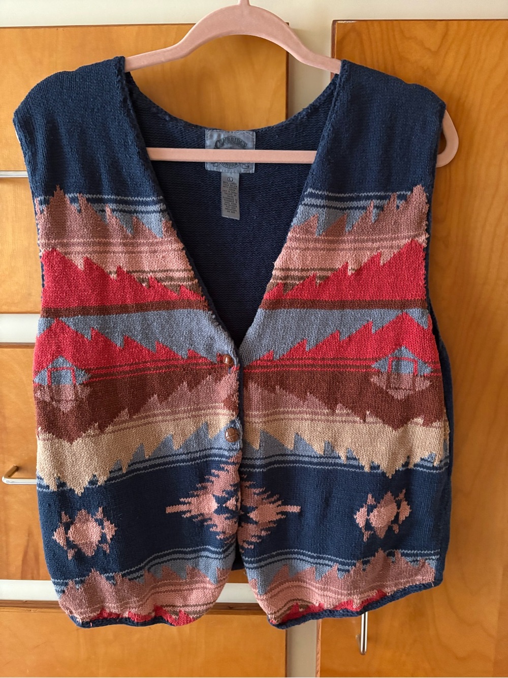 Cambridge Dry Goods Navy Southwestern Knit Vest with Red & Brown Vintage